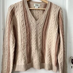 V-Neck Cashmere Cable Knit Sweater - Cream and Tan Neiman Marcus